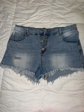 High-Rise Light Blue Distressed Denim Shorts